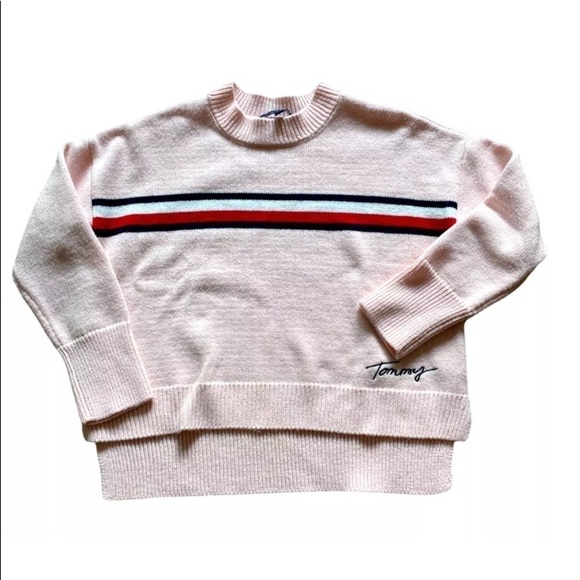 Womens Tommy Hilfiger Y2K Sz Small Sweater Crop Knit Hi Low Pink Stripe Logo EUC - Picture 2 of 7